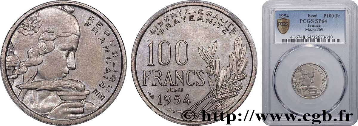 Essai de 100 francs Cochet 1954 Paris F.450/1 SPL64 PCGS