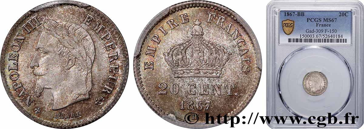 20 centimes Napoléon III, tête laurée, grand module 1867 Strasbourg F.150/2 FDC67 PCGS