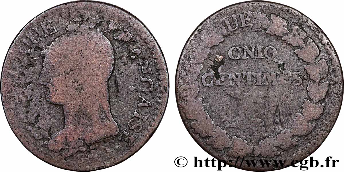 Cinq centimes Dupré, grand module, &nbsp;refrappage&nbsp; du décime, CNIQ 1797 Limoges F.114/9 VG 