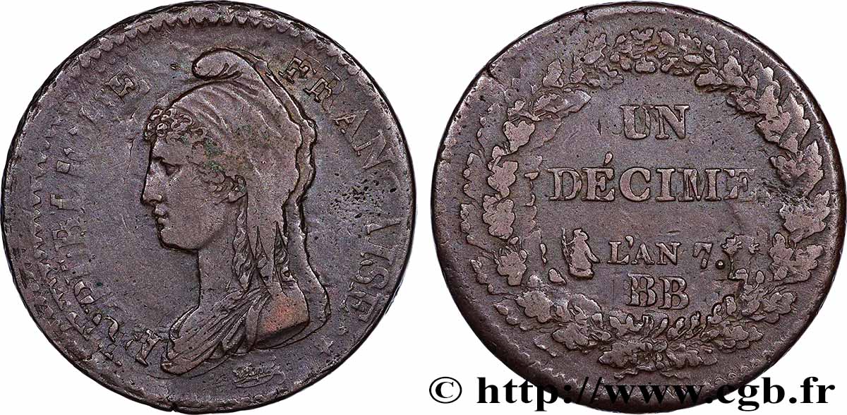 Un décime Dupré, grand module, double frappe 1799 Strasbourg F.129/33 VF 