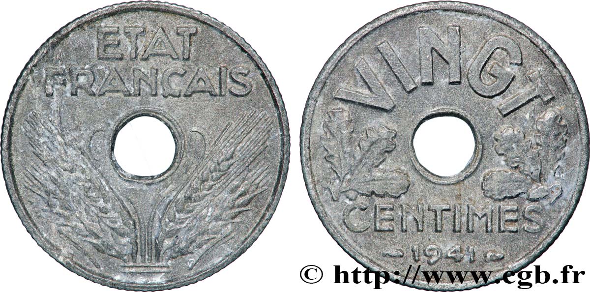 20 centimes État français, cannelures larges 1941  F.153/3 TB 