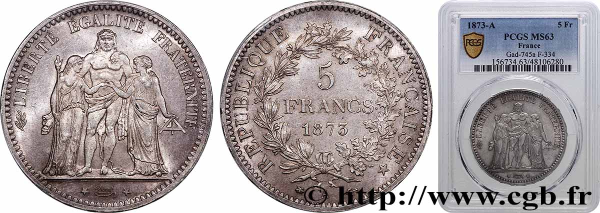 5 francs Hercule 1873 Paris F.334/9 SPL63 PCGS