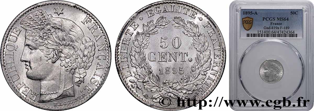 50 centimes Cérès, IIIe République 1895 Paris F.189/16 SPL64 PCGS
