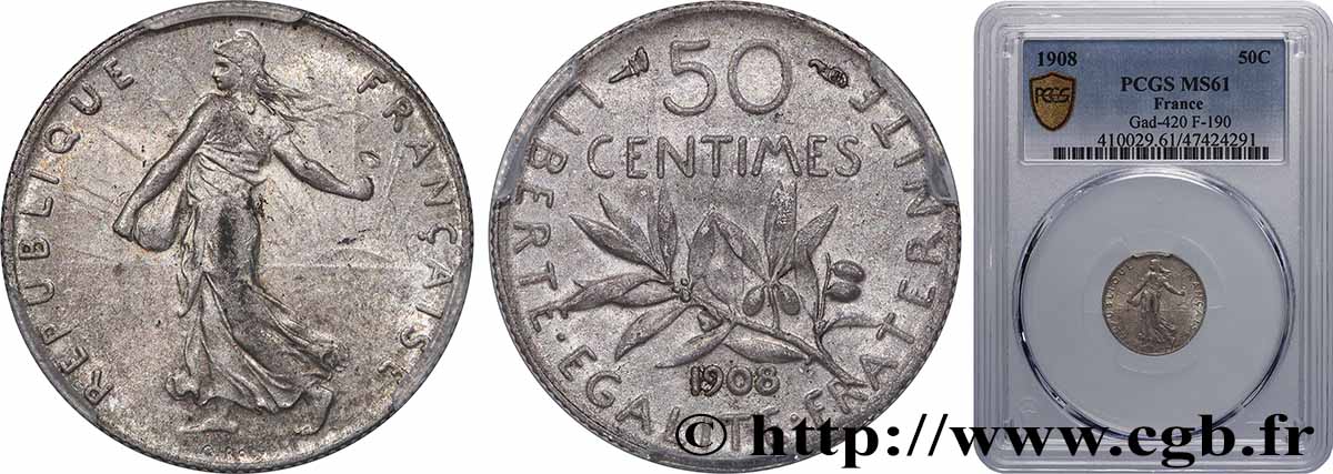 50 centimes Semeuse 1908 Paris F.190/15 SUP61 PCGS