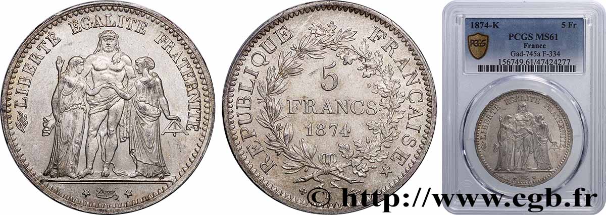 5 francs Hercule 1874 Bordeaux F.334/13 SUP61 PCGS