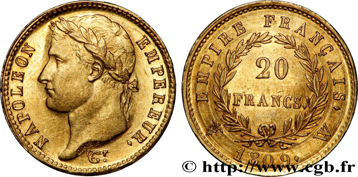 20 francs or Napoléon Ier tête laurée, Empire français 1809 Lille F.516/7 TTB 