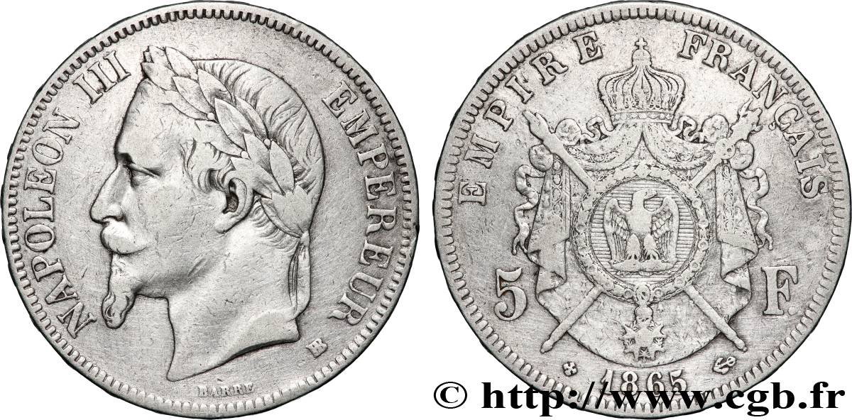 5 francs Napoléon III, tête laurée 1865 Strasbourg F.331/8 VF 