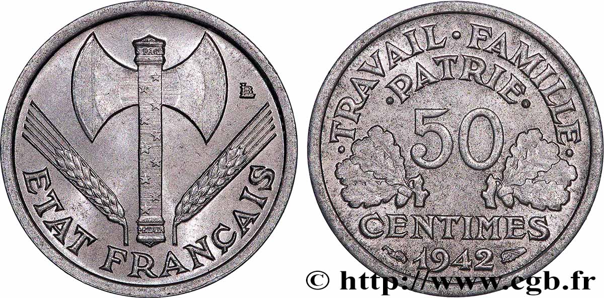 50 centimes Francisque, lourde, premiers exemplaires avec les CROIX 1942 Paris F.195/2 SUP+ 