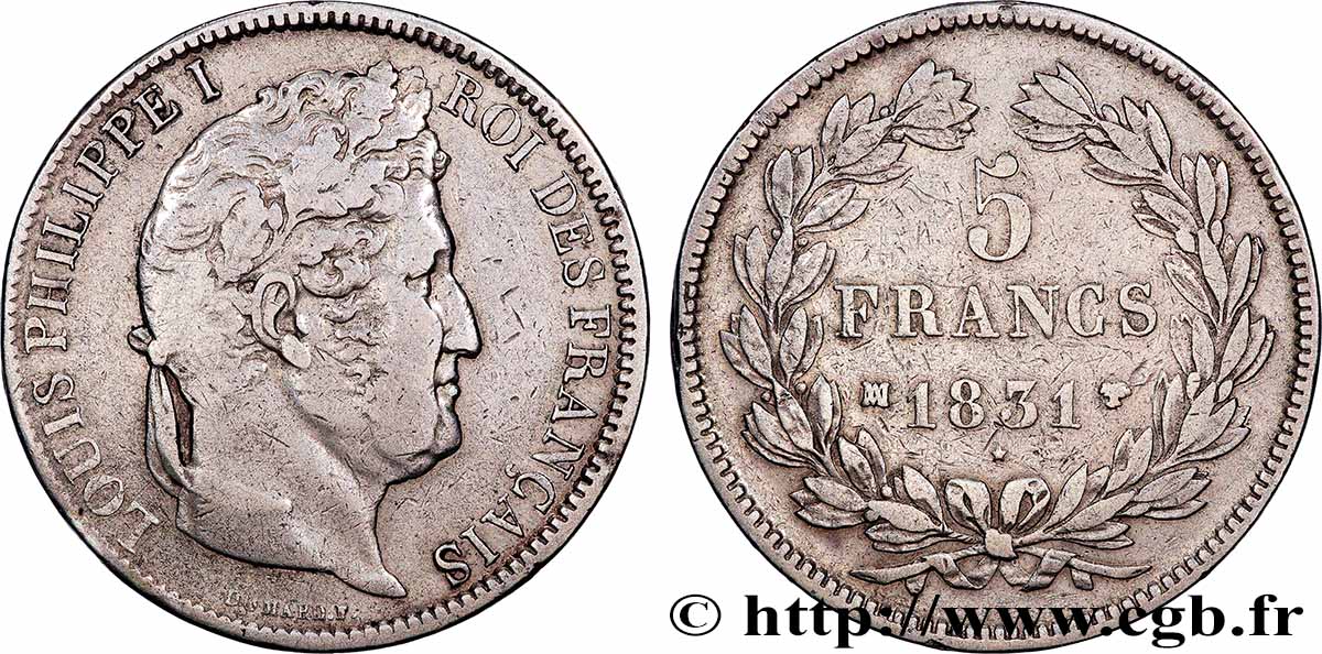 5 francs Ier type Domard, tranche en creux 1831 Marseille F.319/6 TB 