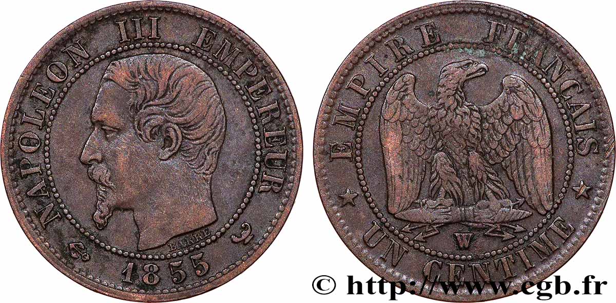 Un centime Napoléon III, tête nue 1855 Lille F.102/25 VF 