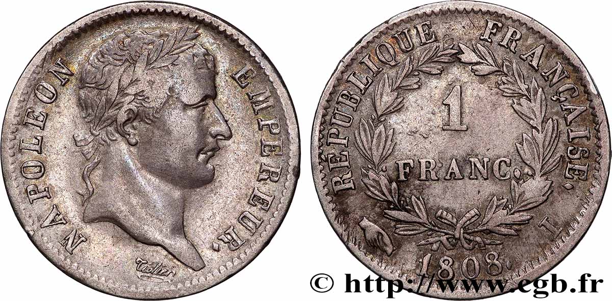 1 franc Napoléon Ier tête laurée, République française 1808 Limoges F.204/7 fSS 