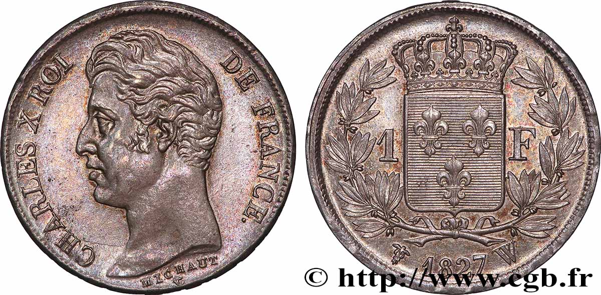 1 franc Charles X, matrice du revers à cinq feuilles 1827 Lille F.207/36 VZ+ 