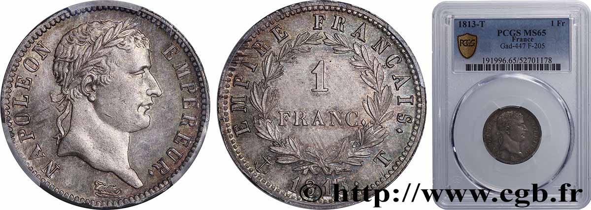 1 franc Napoléon Ier tête laurée, Empire français 1813 Nantes F.205/70 MS65 PCGS