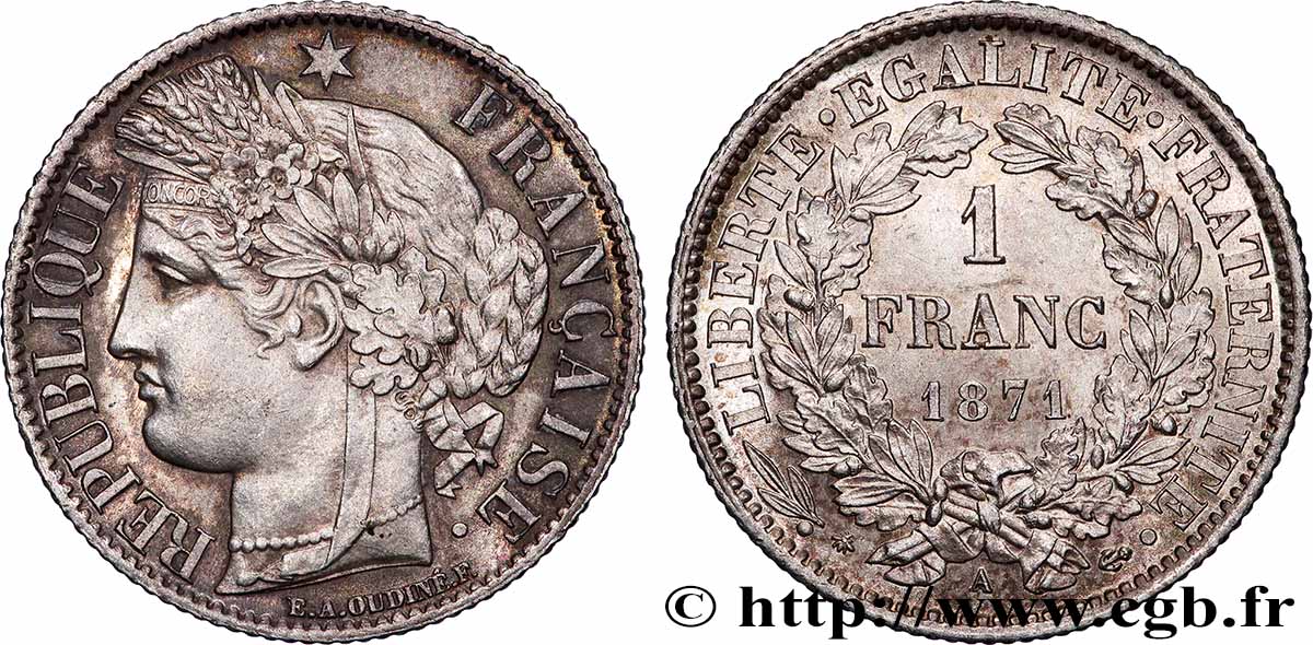 1 franc Cérès, Troisième République, petit A 1871 Paris F.216/2 MS 