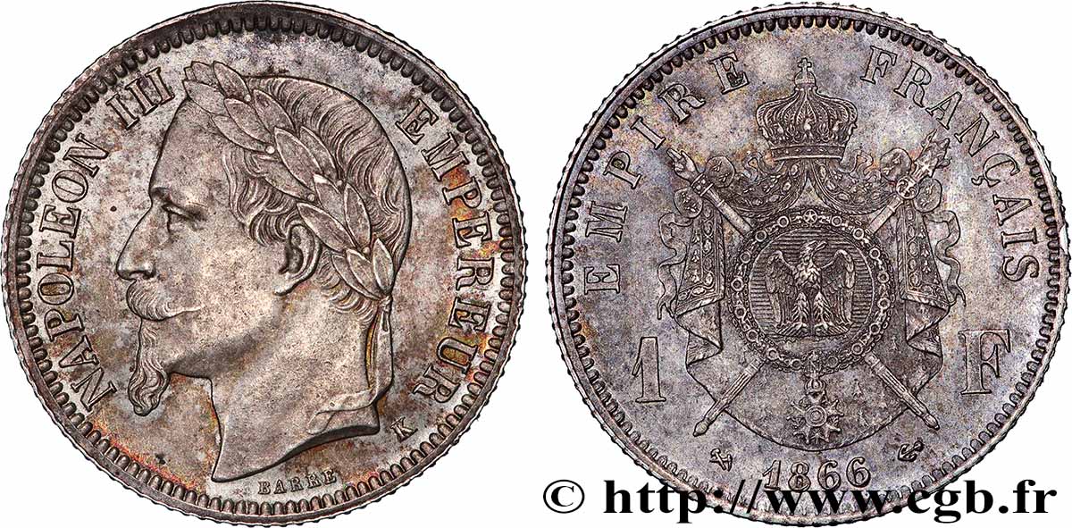 1 franc Napoléon III, tête laurée 1866 Bordeaux F.215/5 AU 