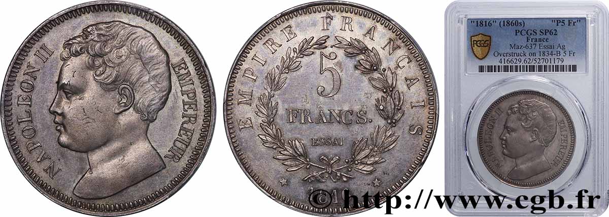 5 francs, essai en argent 1816  T.T.2809 3 SPL62 PCGS