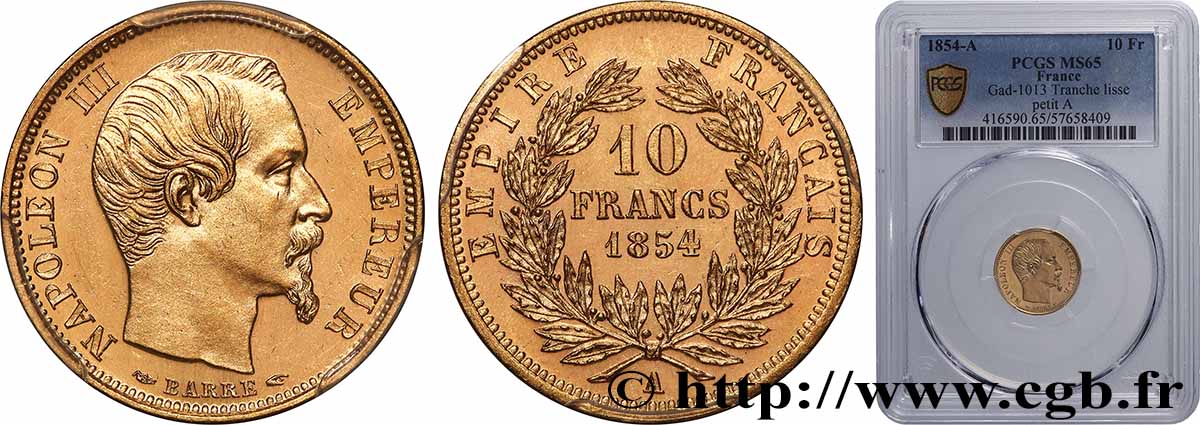 10 francs or Napoléon III, tête nue, petit module, tranche lisse 1854 Paris F.505/1 FDC65 PCGS