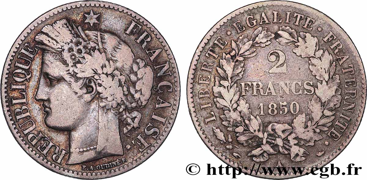 2 francs Cérès, IIe République 1850 Paris F.261/4 VF 