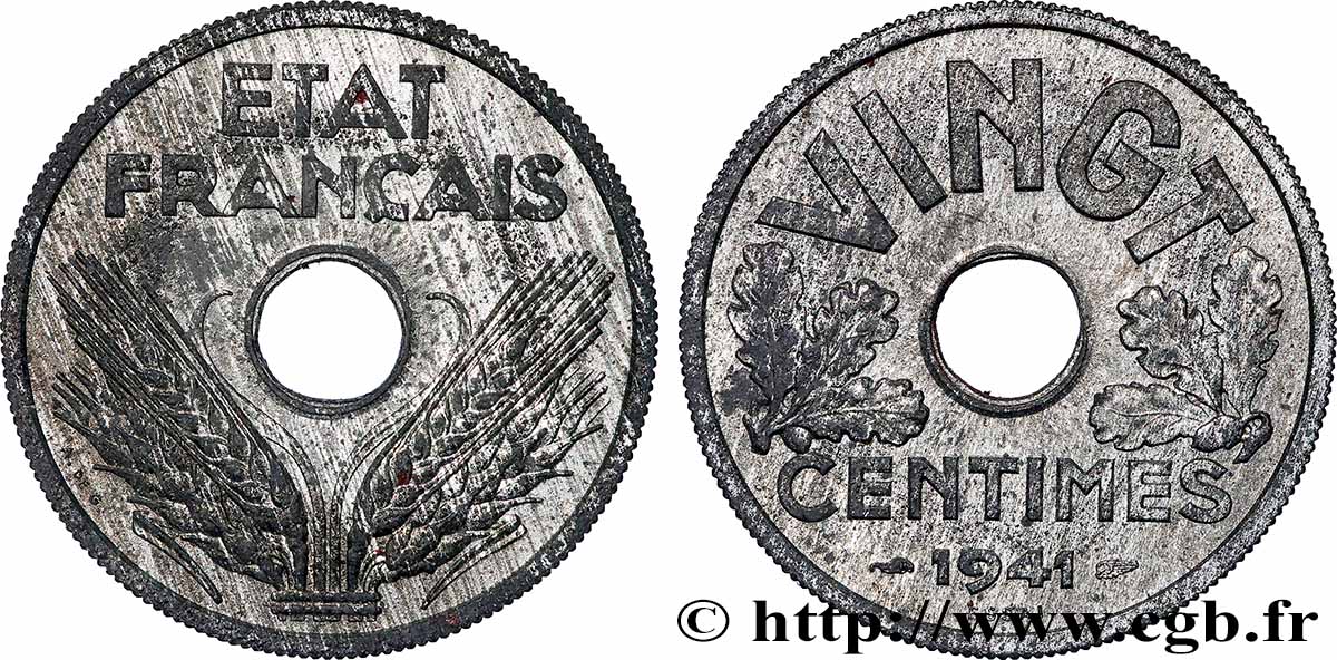 Essai de VINGT centimes État français 1941 Paris F.152/1 AU 