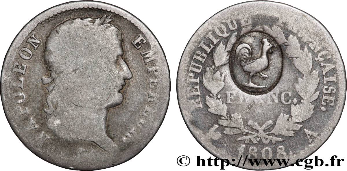 1 franc Napoléon Ier tête laurée, République française, contremarqué d’un coq 1808 Paris F.204/2 var. B 