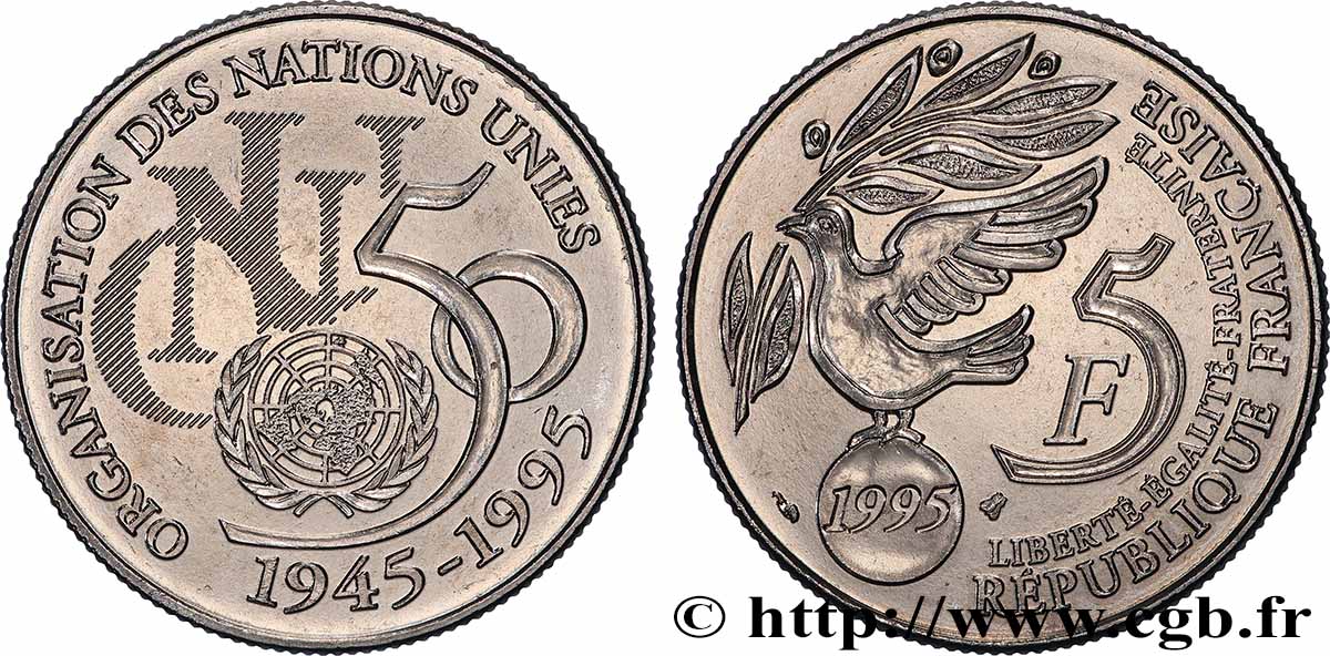 5 francs Cinquantenaire de l’ONU 1995 Pessac F.345/1 MS64 