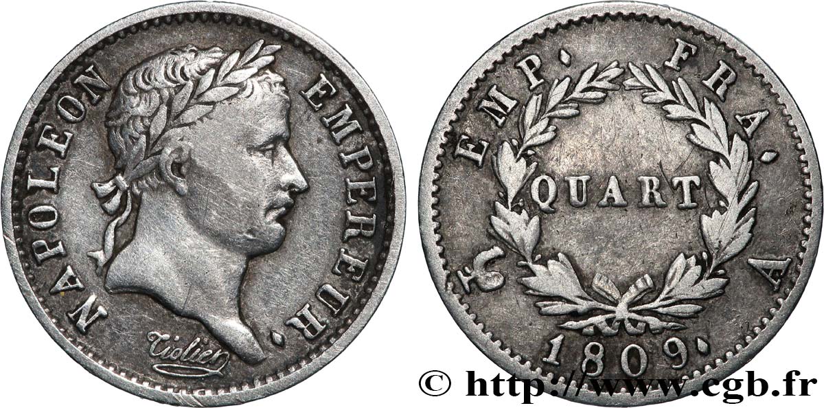 Quart (de franc) Napoléon Ier tête laurée, Empire français 1809 Paris F.162/1 TB 
