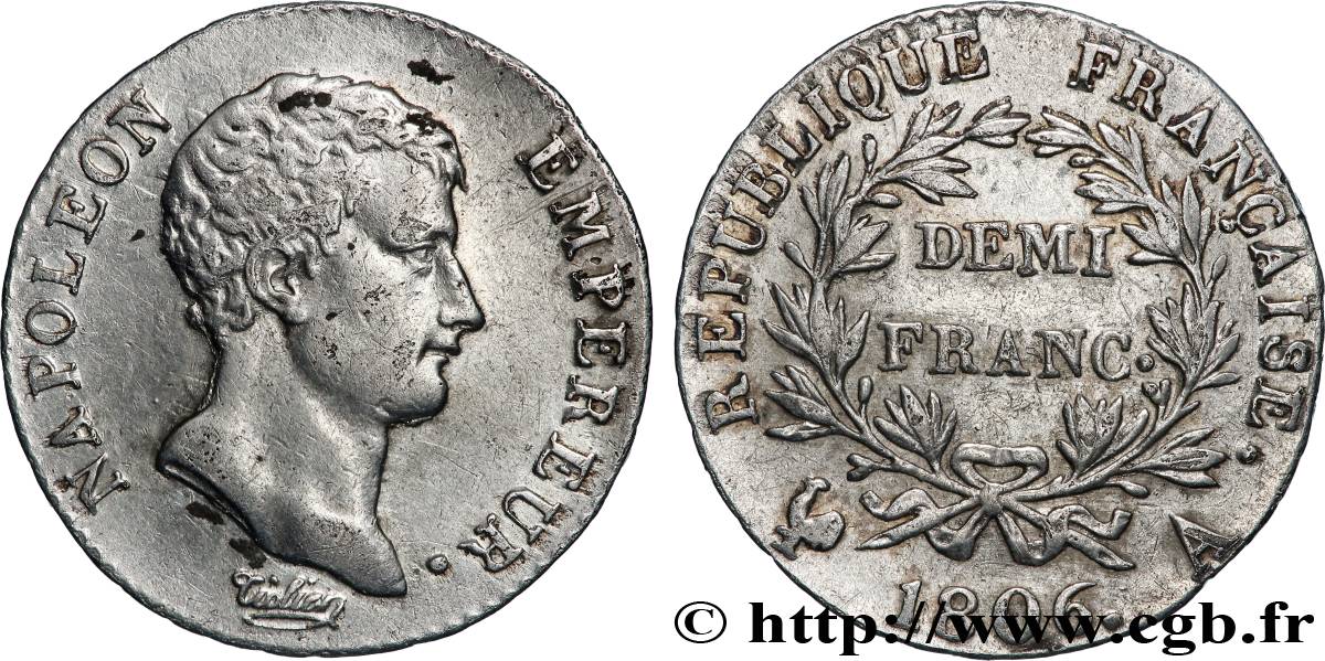 Demi-franc Napoléon Empereur, Calendrier grégorien 1806 Paris F.175/1 VF 