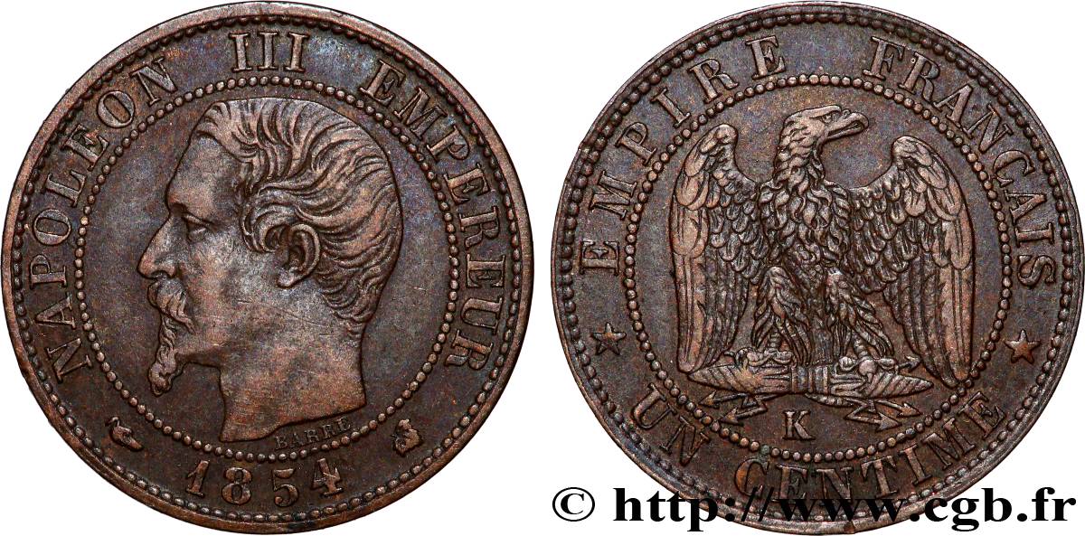 Un centime Napoléon III, tête nue 1854 Bordeaux F.102/13 XF 