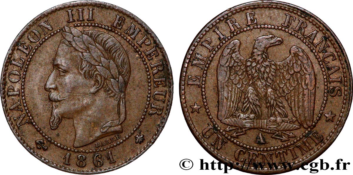 Un centime Napoléon III, tête laurée 1861 Paris F.103/1 SS 