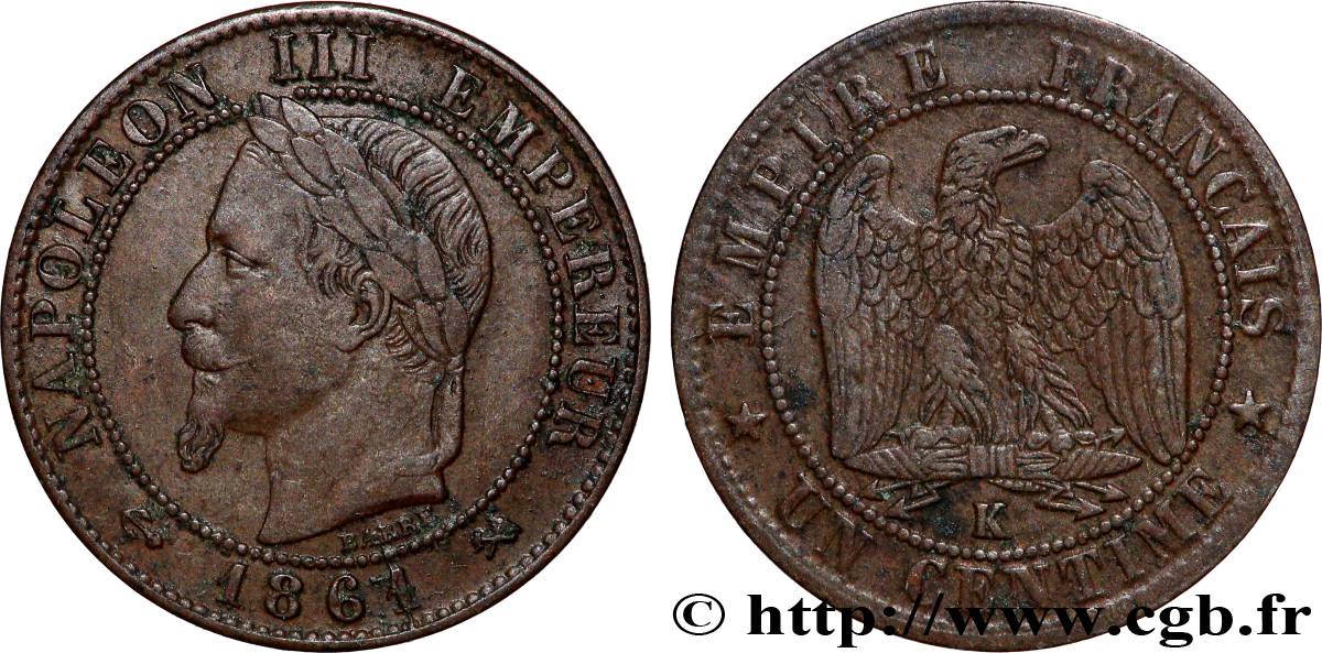 Un centime Napoléon III, tête laurée 1861 Bordeaux F.103/3 BC 