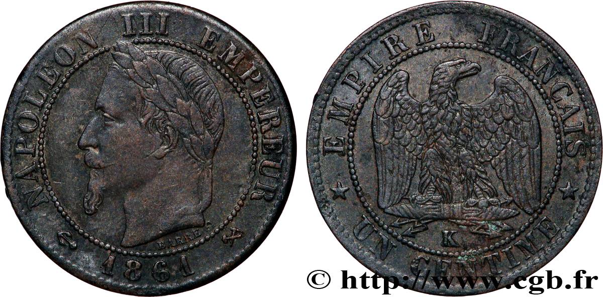 Un centime Napoléon III, tête laurée 1861 Bordeaux F.103/3 BC 