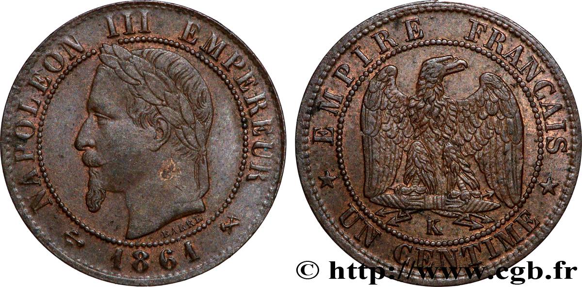 Un centime Napoléon III, tête laurée 1861 Bordeaux F.103/3 VF 