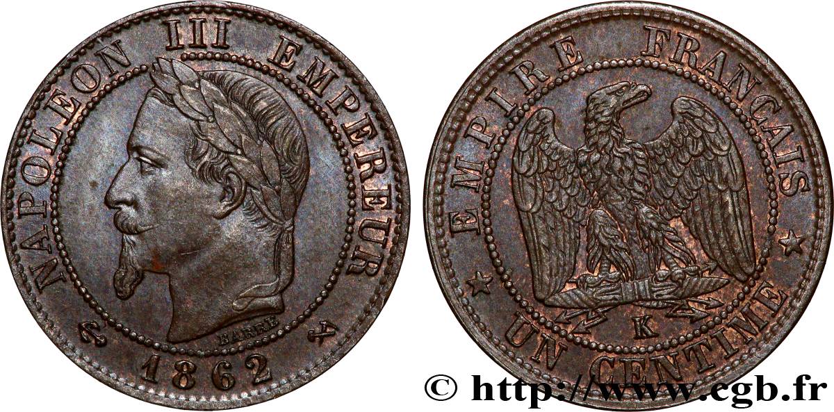 Un centime Napoléon III, tête laurée 1862 Bordeaux F.103/7 MBC+ 