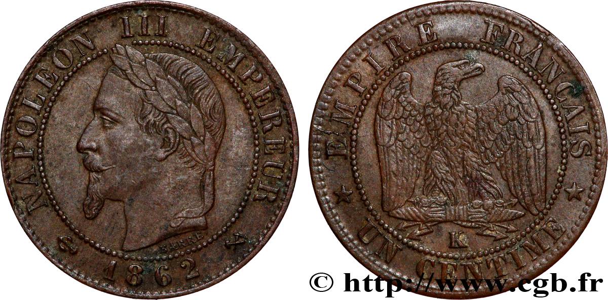 Un centime Napoléon III, tête laurée 1862 Bordeaux F.103/7 AU 