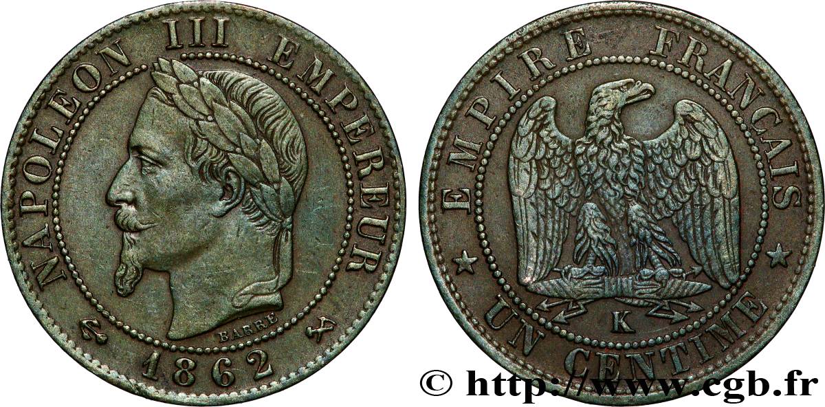 Un centime Napoléon III, tête laurée 1862 Bordeaux F.103/7 AU 