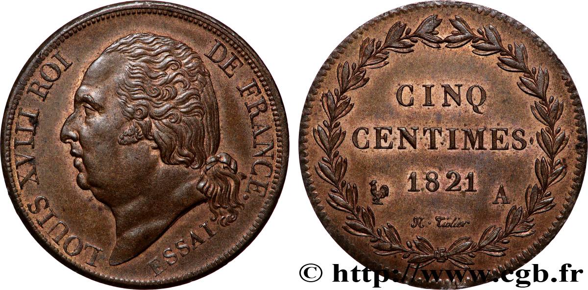 Essai de Cinq centimes en bronze, tranche guillochée 1821 Paris VG.2534  MS 