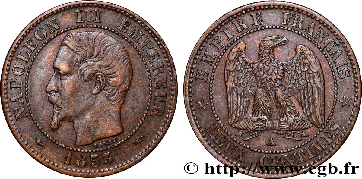 Deux centimes Napoléon III, tête nue 1853 Paris F.107/1 VF 