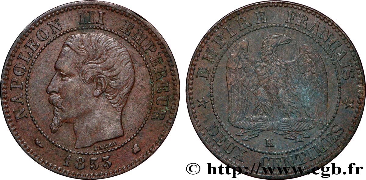 Deux centimes Napoléon III, tête nue 1853 Bordeaux F.107/6 q.BB 