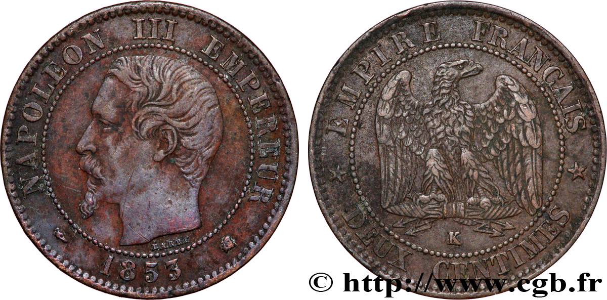 Deux centimes Napoléon III, tête nue 1853 Bordeaux F.107/6 VF 