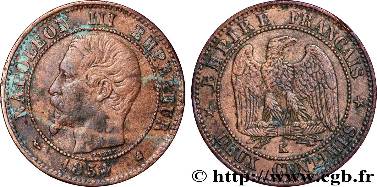 Deux centimes Napoléon III, tête nue 1854 Bordeaux F.107/16 VF 