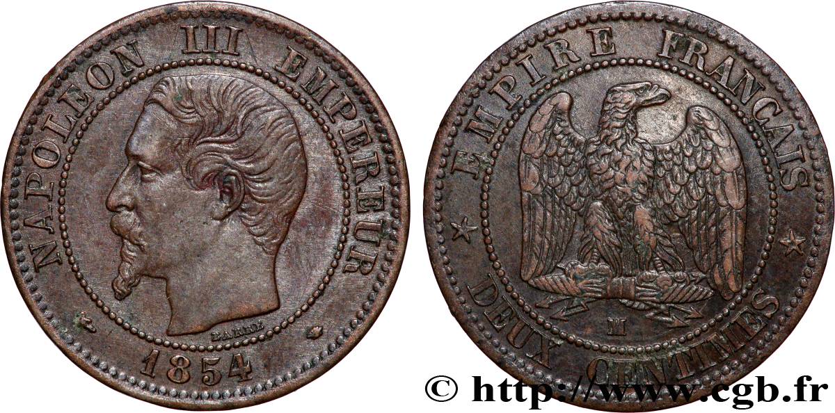 Deux centimes Napoléon III, tête nue 1854 Marseille F.107/17 XF 
