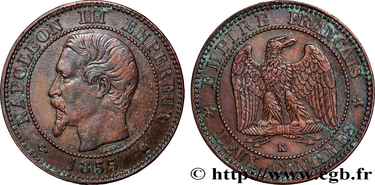 Deux centimes Napoléon III, tête nue 1855 Bordeaux F.107/34 VF 