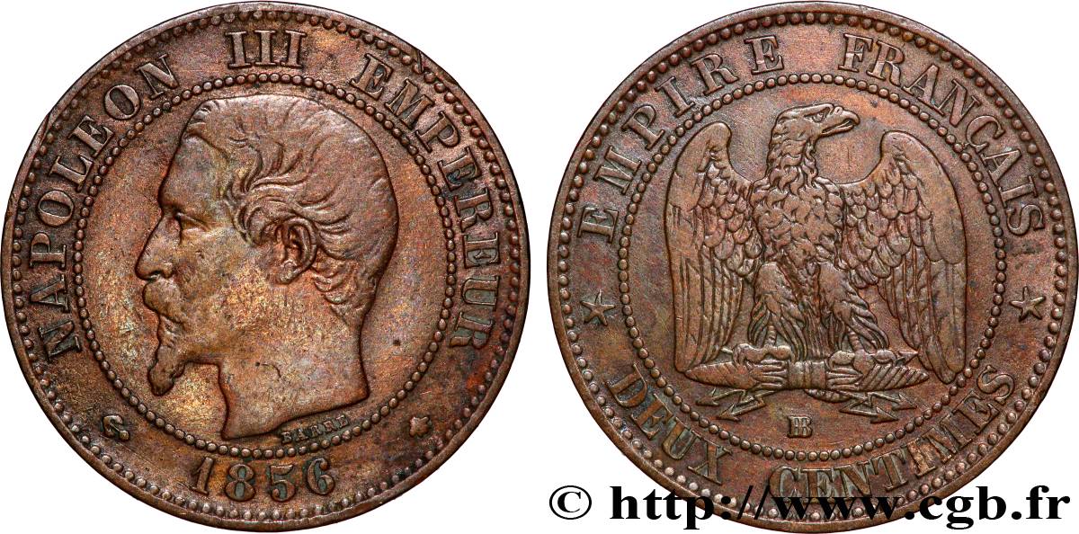 Deux centimes Napoléon III, tête nue 1856 Strasbourg F.107/40 VF 