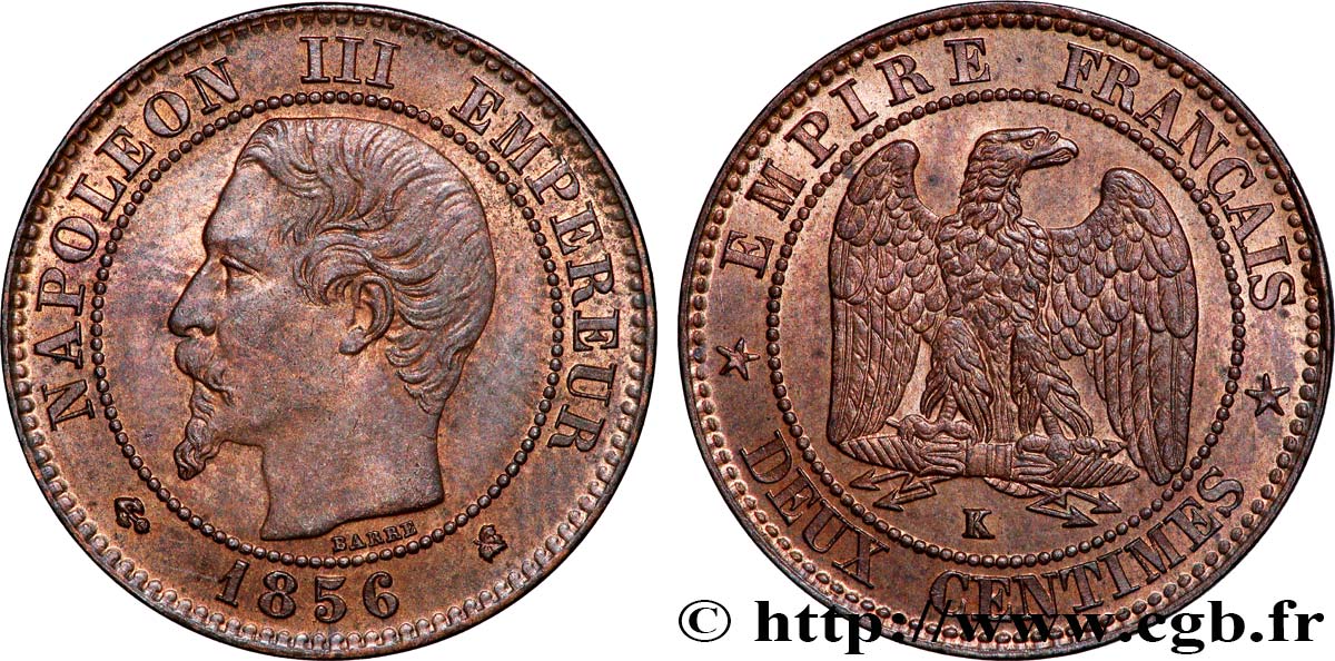 Deux centimes Napoléon III, tête nue 1856 Bordeaux F.107/41 SS 