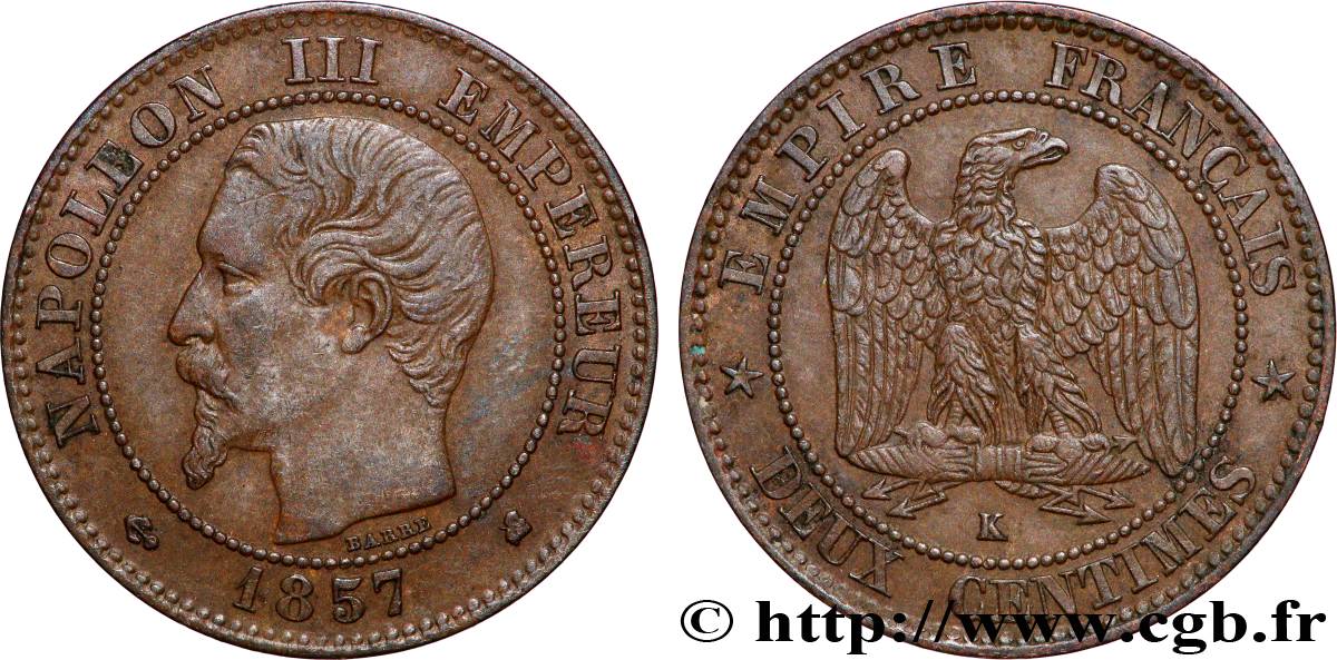 Deux centimes Napoléon III, tête nue 1857 Bordeaux F.107/49 VF 
