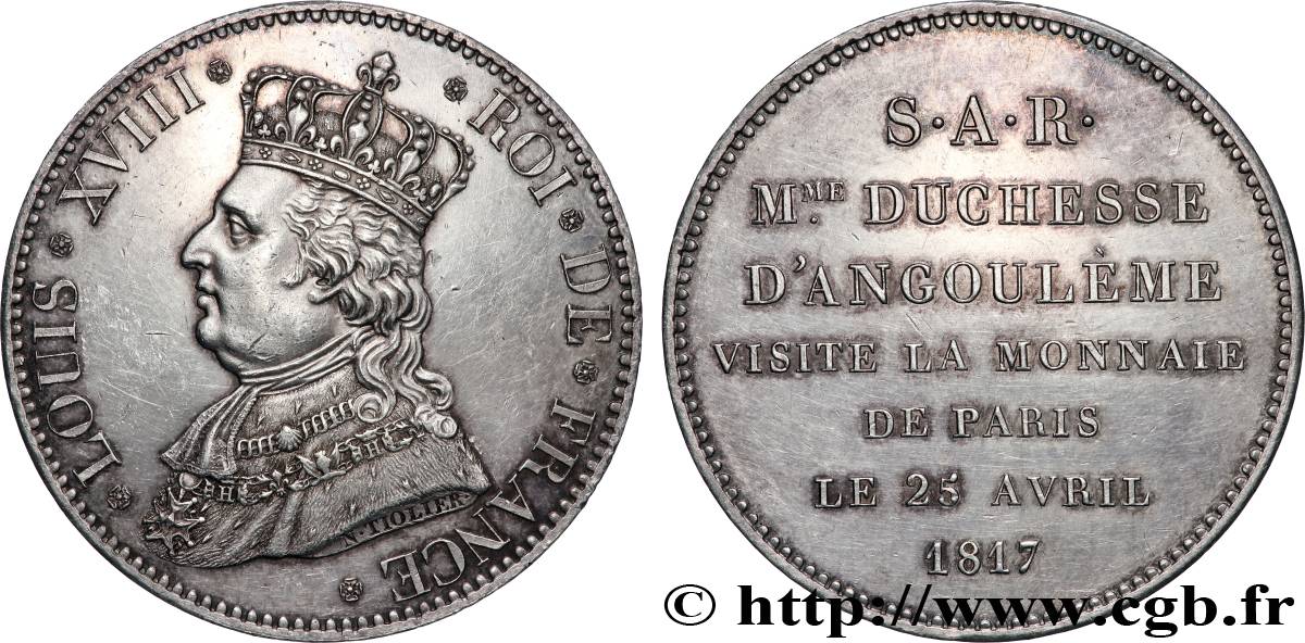 Monnaie de visite, module de 5 francs, pour la duchesse d’Angoulême à la Monnaie de Paris 1817  T.T.2713 2 AU 