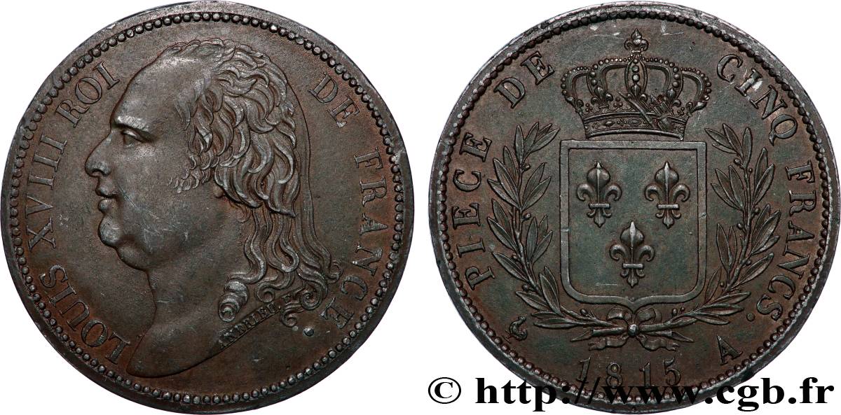 Reproduction en étain bronzé de l’Épreuve de 5 Francs par Andrieu 1815 Paris T.T.2020 cop. AU 