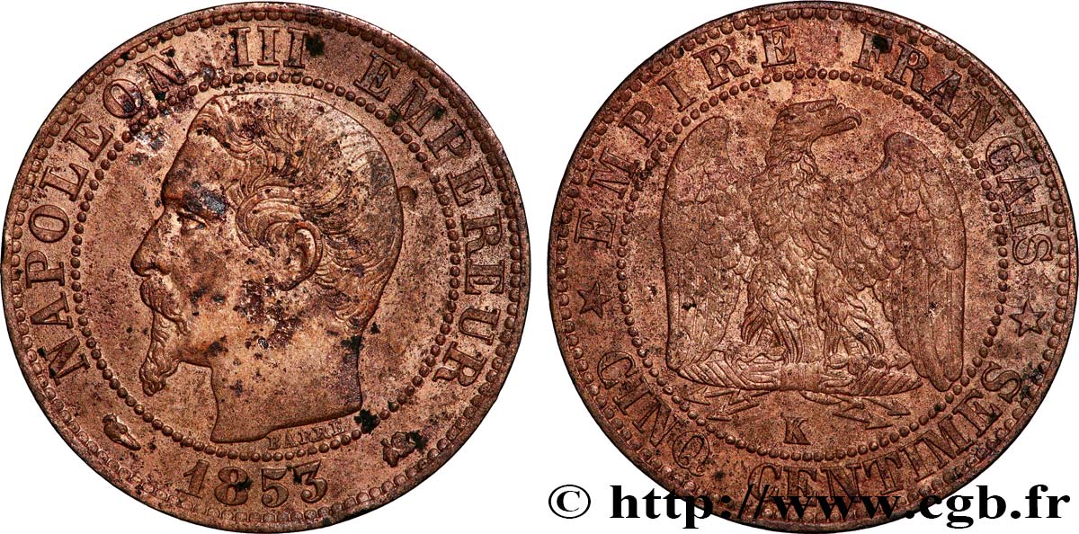 Cinq centimes Napoléon III, tête nue 1853 Bordeaux F.116/5 XF 