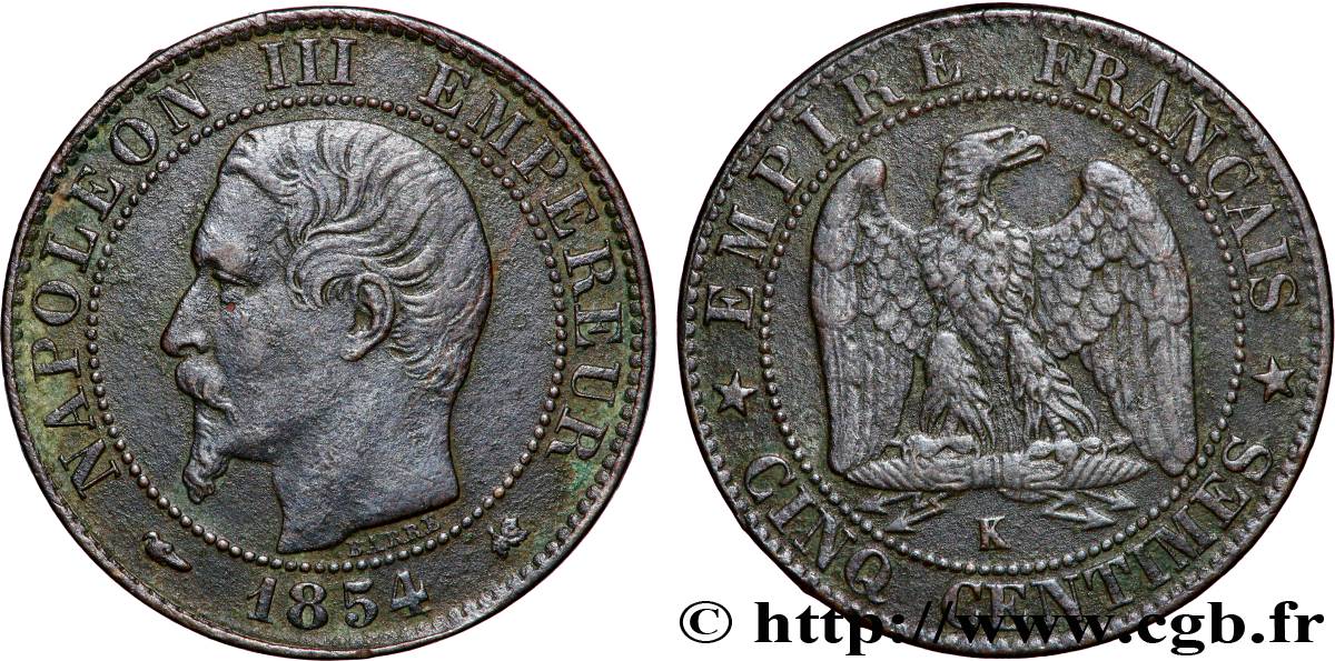 Cinq centimes Napoléon III, tête nue 1854 Bordeaux F.116/13 MB 