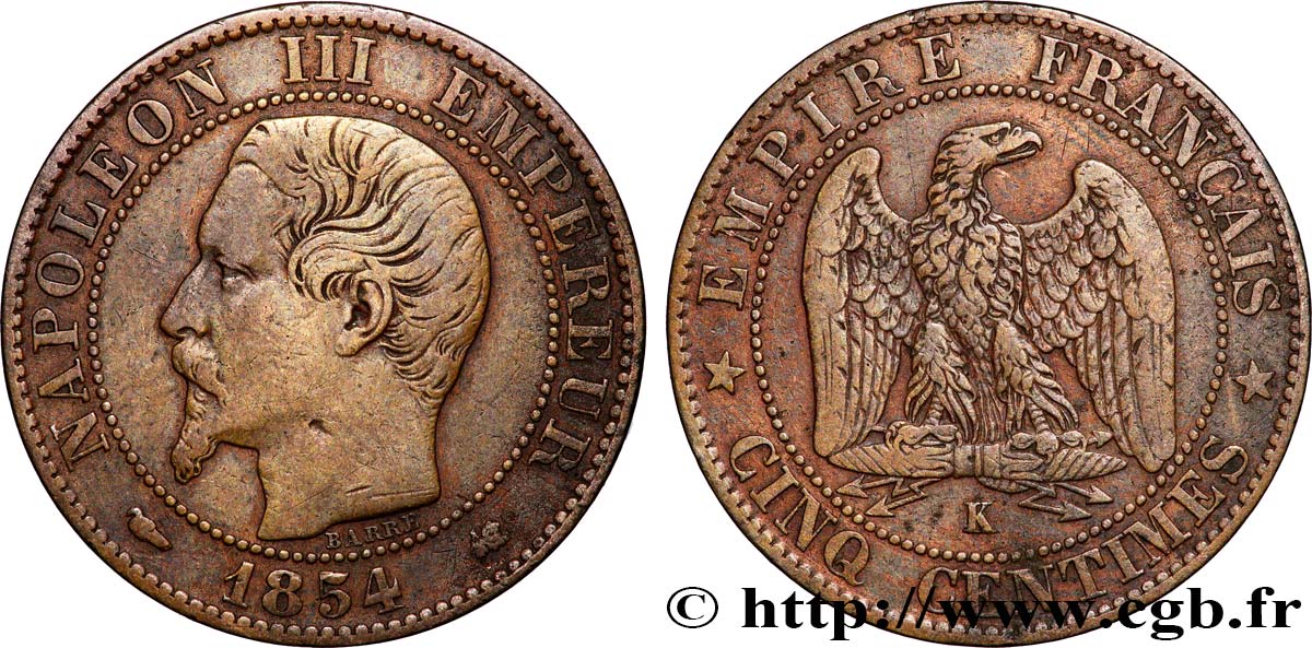 Cinq centimes Napoléon III, tête nue 1854 Bordeaux F.116/13 TB 